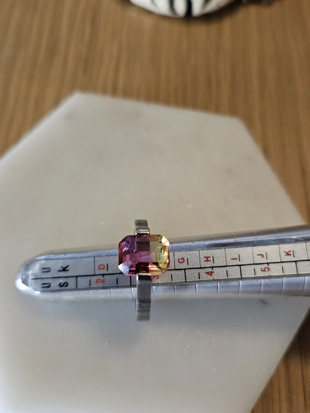 Modernist Stainless Steel Bi-Color Pink Yellow Emerald Cut Ring Size 8.5 Silver